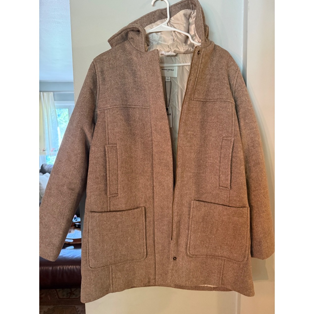 Banana Republic Womens Tan Herringbone Hooded Wool Blend Parka Jacket